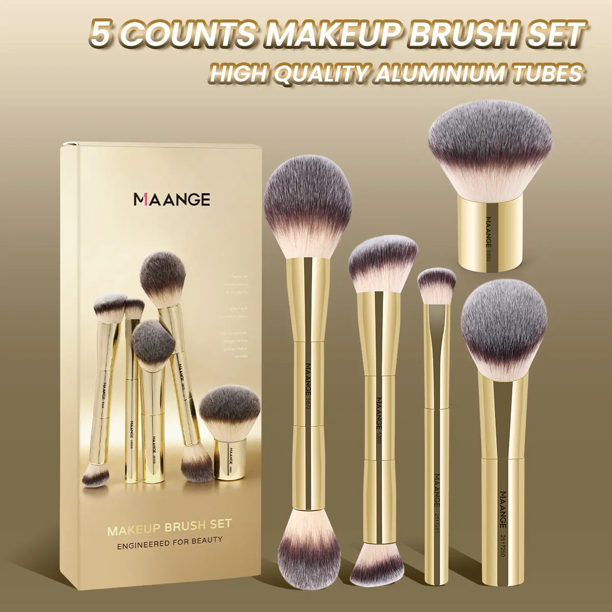 MAANGE 5pcs Metal Tube Face Makeup Brushes, Makeup Brushes Kits, Foundation Brush Loose Powder Brush Blush Brush Contour Brush Concealer Brush Highlighter Brush, Professional Cosmetic Tools for Blending & Applying, High-Quality Beauty Essentials