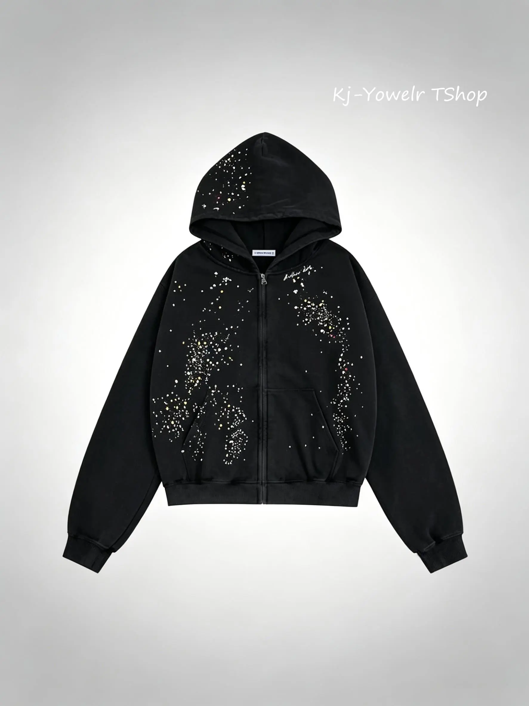 Y2K Grunge Oversized Zip Hoodie Vintage Acid Wash Fabric, Dazzling Star Crystal Rhinestone Hooded Jacket Daily Street Fashion Sweatshir