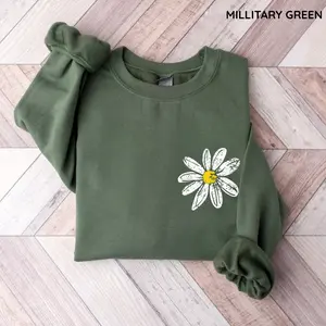 Daisy Sweatshirt, Retro Floral Shirt, Women's Casual  Long Sleeve, Cotton Fabric Graphic Top