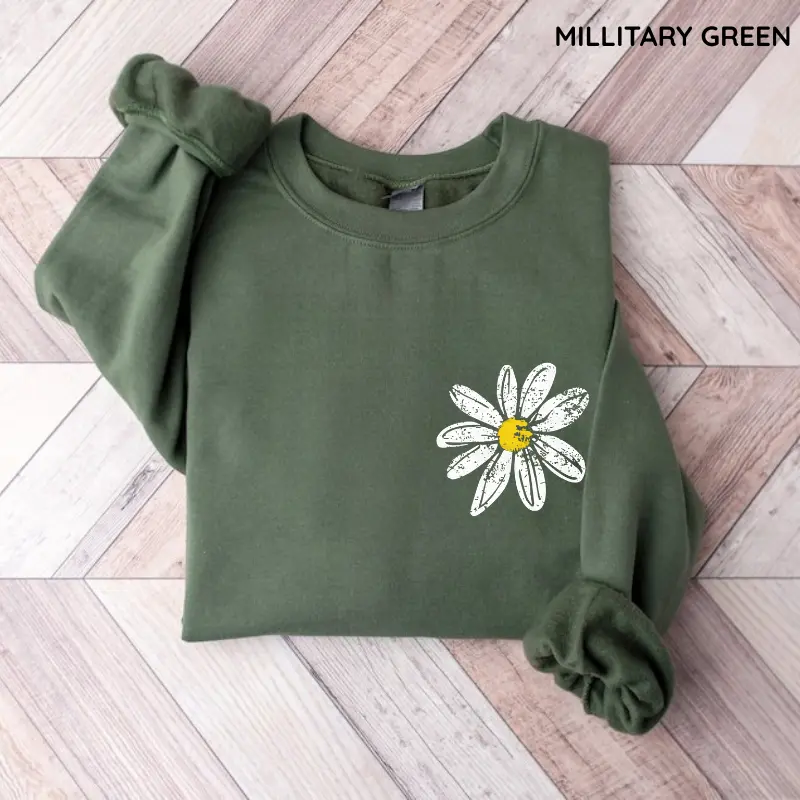 Daisy Sweatshirt, Retro Floral Shirt, Women's Casual  Long Sleeve, Cotton Fabric Graphic Top