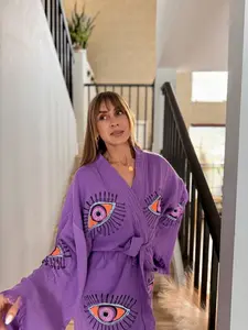 Elegant Boho Morning robe, Organic Cotton Spa Robe, Bridal Robe, Evil eye Bathrobe, Bohemian KImono, Music Festival Kimono, Bridesmaid Robe,