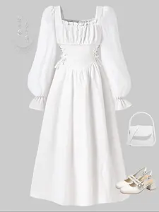 Sweet Elegant Chic Casual Girls' Square Neck Ruched Long Sleeve Woven Dress, Adjustable Waist Design, Perfect for Daily Wear & Beach Vacation