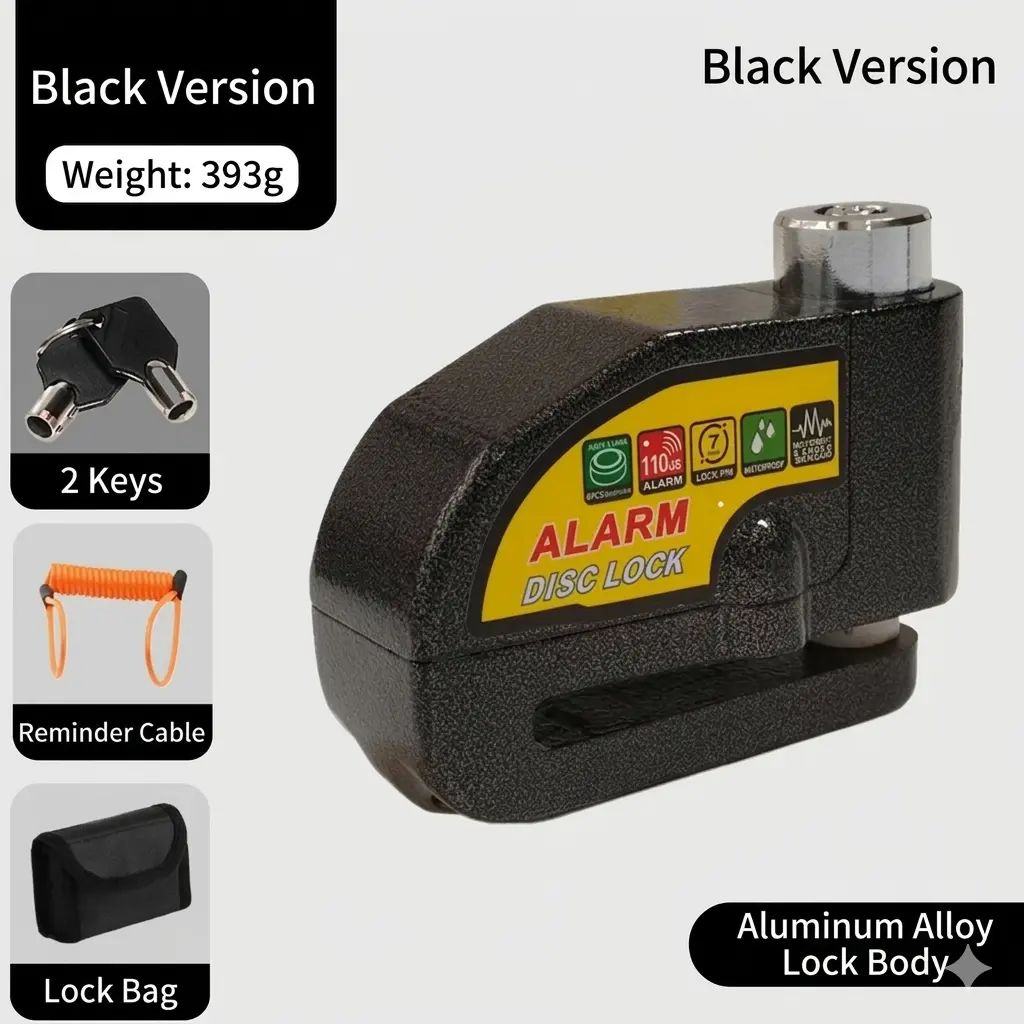 Loud 110dB Motorcycle Disc Brake Alarm Lock - Waterproof Anti-Theft Security with Reminder Cable for Bike & Scooter (Keys & Pouch Included)