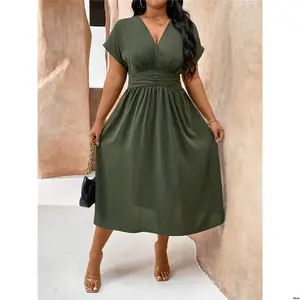 Dress Vacation Sleeve Waist Pleated Color Size Plus Holidaya tiktok Solid Batwing Casual