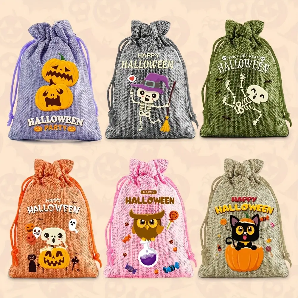 24 Halloween drawstring bags, 6 designs with Halloween-themed skeleton and pumpkin patterns, suitable for Halloween, Halloween-themed parties and birthday gatherings