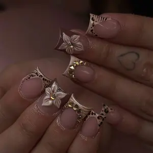 24pcs Clear Nude Nail Art Set, Nail Charms, Leopard French Tips, 3D Flowers, Dots, Square Nails, Glossy Finish, Perfect for Daily Use