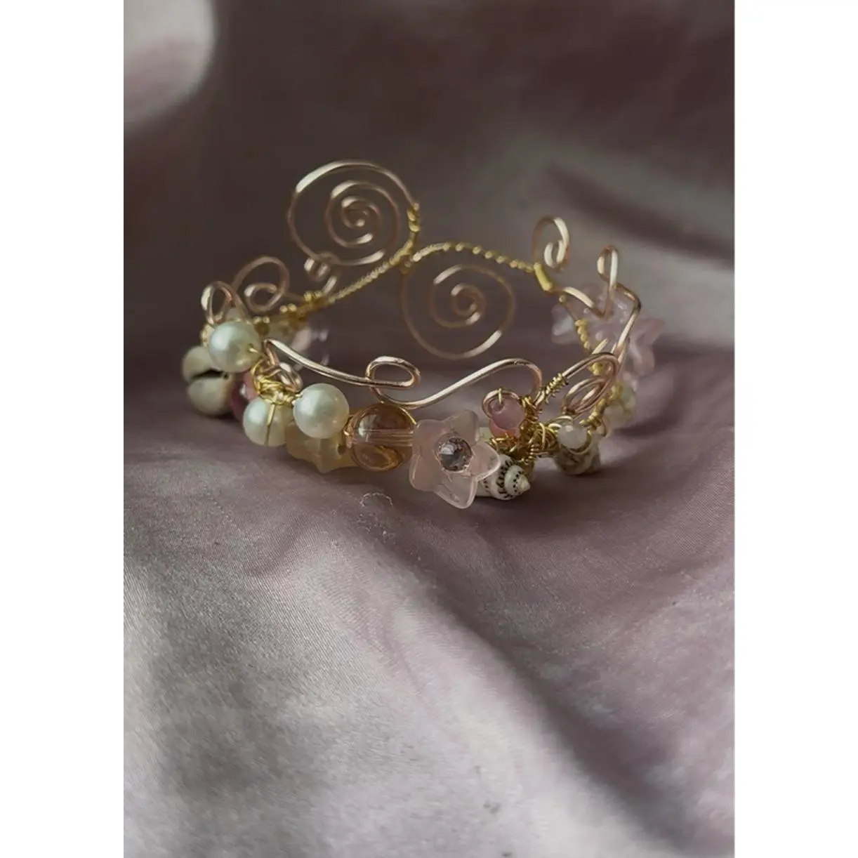 Rose Quartz Handcrafted Bracelet with Seashell and Flower Accents - Elegant Jewelry for Women
