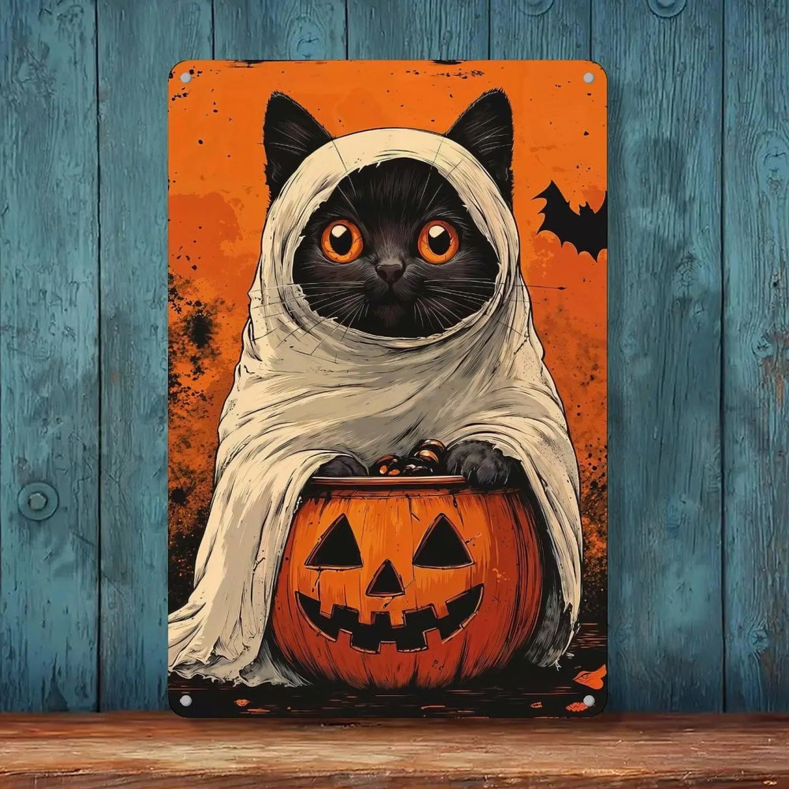 Retro Ghost Costume Black Cat Holding Pumpkin Candy Bowl Wall Art 8x12in Spooky Orange Background Bat Print Halloween Wall Decor
