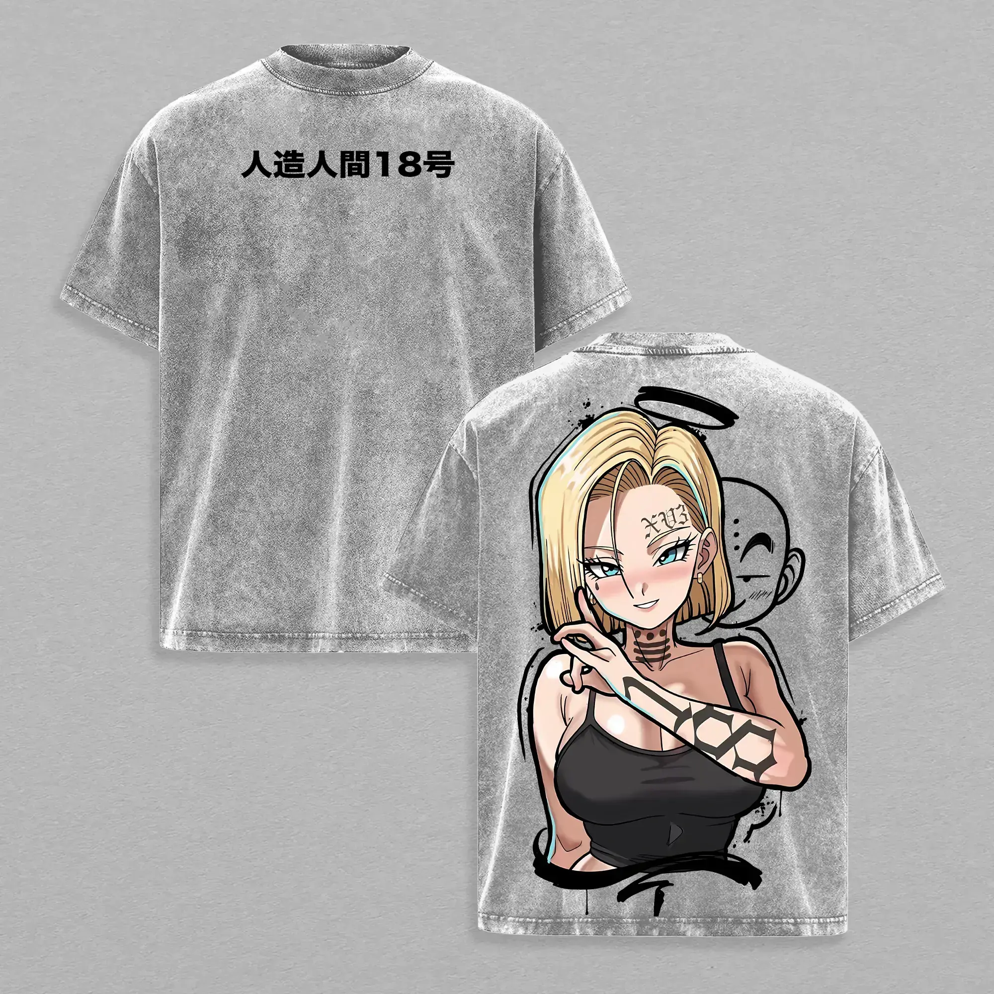 Men's Android 18 Graphic T-Shirt, 90s Retro Anime Apparel with an Oversized Fit in Soft Heavyweight Pre-Washed Cotton