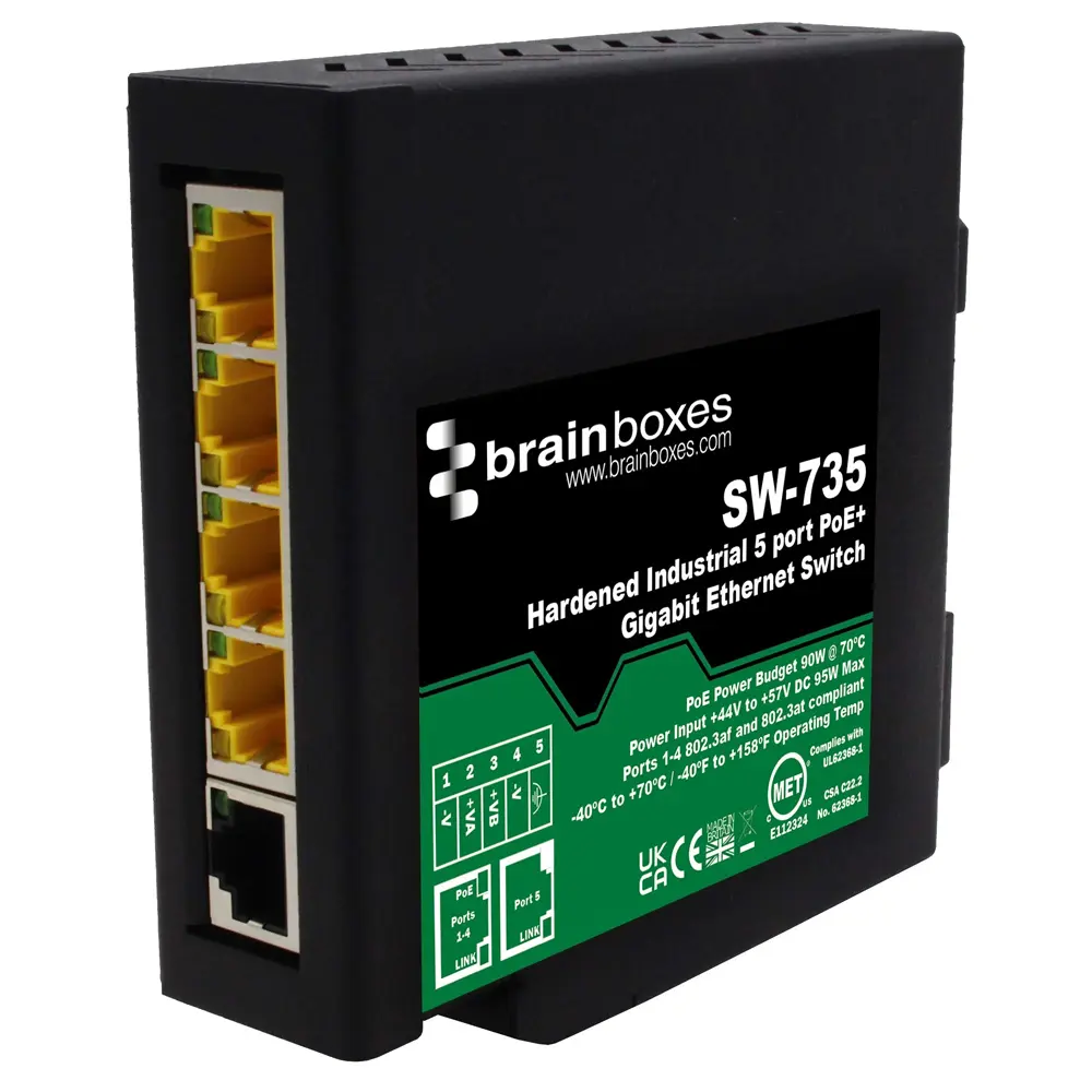 Brainboxes SW-735 Hardened Industrial 5 Port PoE+ Gigabit Ethernet Switch