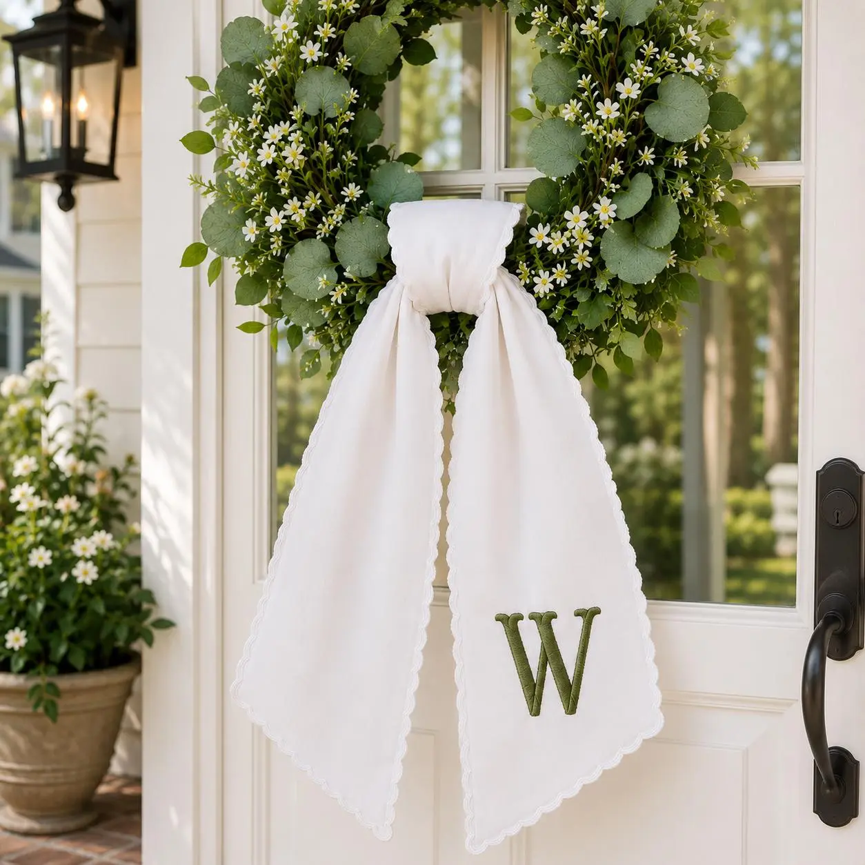 Personalized Embroidered Wreath Sash, Custom Monogram Wedding Door Bow, Stripe Wedding Sash,Bridal Shower Gift,Initial Front Decor