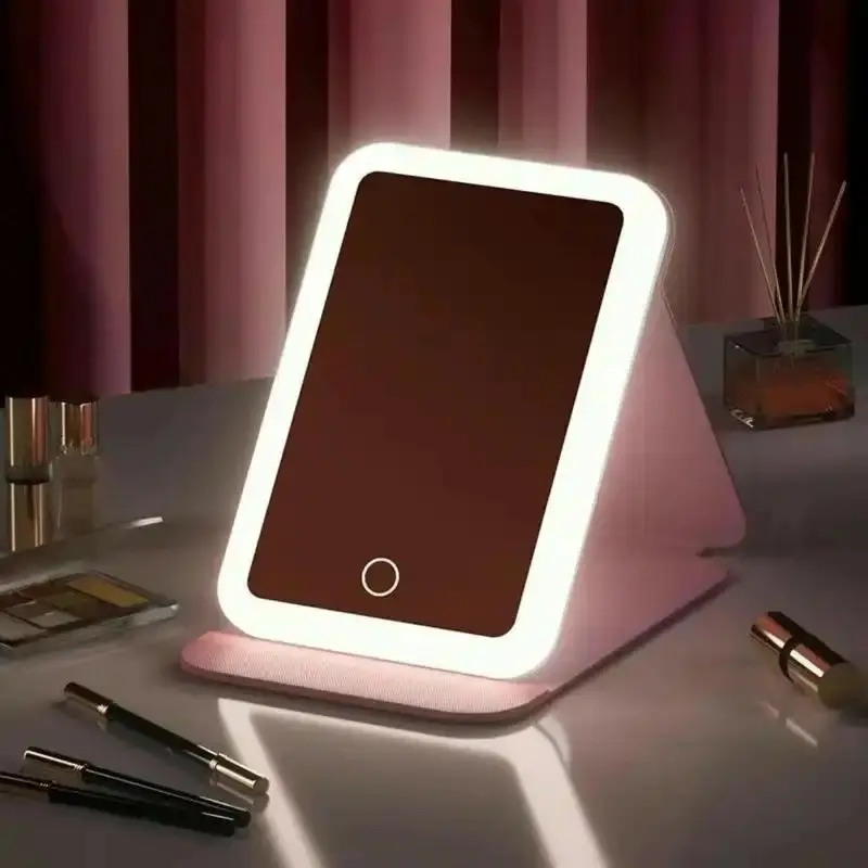 Cosmetic Mirror With LED, Portable Vertical Folding Vanity Mirror, 3 Color Illumination Dimmable Touch Screen Desktop Cosmetic Mirror, Lighted Makeup Mirror, Travel Makeup Decor Mirror, Compact Mirror, Lightweight Rechargeable Lighted Mirror