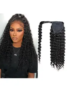 8-30 Inch Magic Tape Ponytail Deep Wave Curly Style Real Human Hair Extension, Medium Length Wig, Natural Look, Easy to Wear, Perfect for Daily Use