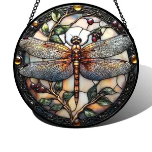 Colorful Light Metal Dragonfly Plant Stained Glass Suncatcher, Hangable Decorative Window Hanging - Ready-to-Hang Home Garden Decor Gift for Women Mom Birthday