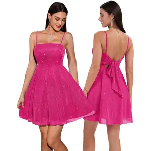 DRESSTELLS Short Graduation Dress for Teens 2026, Bow Tie Backless & Spaghetti Strap, Sparkly Prom Party Dresses