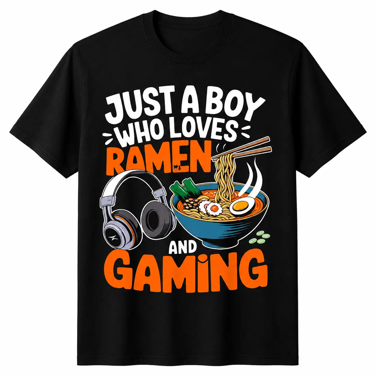 Premium Soft Cotton Unisex Just A Boy Who Loves Ramen And Gaming Gamer Ramen Cartoon Crew Neck Graphic Print Tee Summer Wins Birthday Gift Casual Summer Daily Tee