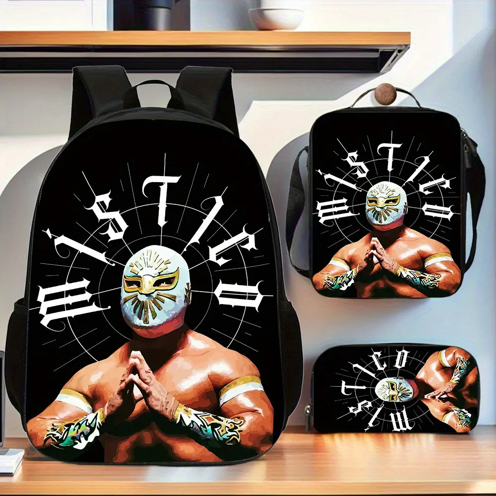 3-Piece Backpack Set for Kids, Gothic Lucha Libre Graphic School Bag with Lunch Box, Water Resistant Oxford Cloth with Side Mesh Pockets, Fits 15-Inch Laptop, Graphic Mesh Backpacks, Blends Traditional Mexican Lucha Wrestling Culture, Backpacks For School
