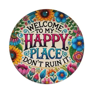 8x8 in Round Boho Floral Metal Wall Sign - Waterproof Iron Plaque Sign, Indoor/Outdoor Home Decor, Housewarming Gift for "Welcome to My Happy Place" Display