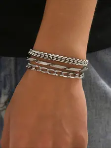 3-Piece Minimalist Men's Chain Bracelet Stainless Steel Fashion Hip Hop Jewelry Set Stackable Bracelets