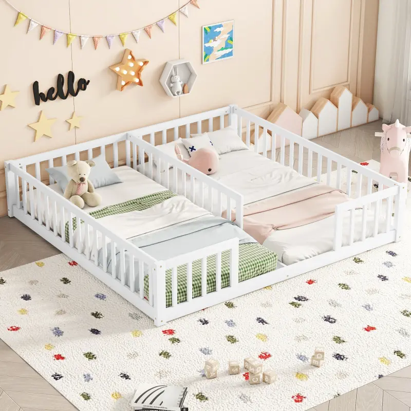 Double Twin size Floor Beds Frame for 2, Wood Twin Montessori Bed with Fence for Girls, Boys, Easy Assemble, White, Toddler Bed, Safe Sleep Bed