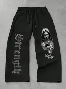 "Men's black deep-colored religious Gothic style street loose sweatpants - men's avant-garde spiritual long pants | Virgin Mary + cross + 'strength' Gothic font print | 'very suitable for male religious style enthusiasts