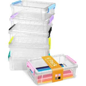 Z-PCB25  6 Pack Extra Large Pencil Box, Plastic Hard Pencil Case Crayon Box Bulk, Clear Marker Organizer Plastic Containers with Lid, Stackable Storage Boxes for Art Craft, Back to School Supplies, Multi