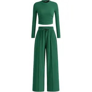2-Piece Ribbed Knit Long Sleeve Crop Top Wide Leg Pants Matching Lounge Set Loungewear