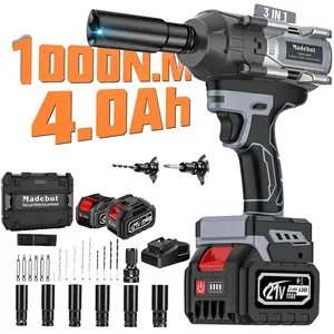 1000N.m Cordless Impact Wrench, All-Metal Cordless Impact Gun with 2 * 4.0Mah, 3-IN-1 Electric Impact Wrench with 5 Sleeves