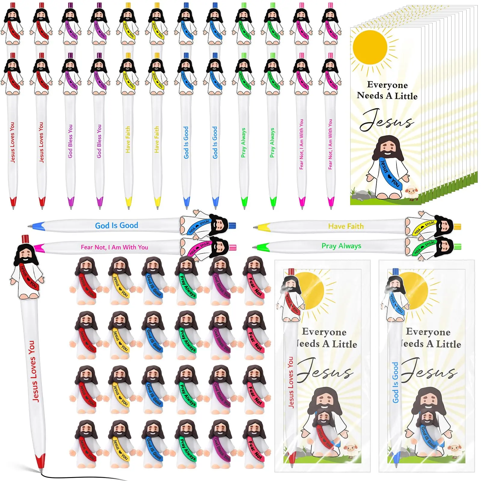 72 Pcs Little Jesus Figures Jesus Pens Jesus Bookmarks Christian Gifts Bulk, Religious Baptism Faith Gifts Cute Bible Verse Ballpoint Pens with Inspiring Quote, Back to School Gifts Church Bible Study Supplies Sunday School Prizes Catholic Party Favors