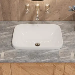 20 x 15 Inch White Drop-In Bathroom Sink, Ceramic Semi-Recessed Bathroom Sink with Pop-Up Drain, Modern Rectangular Vessel Sink for Vanity Countertop, Efficient Drainage and Safe Rounded Edges, Easy Installation with Cutout Template and Drain