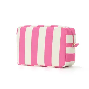 Simple and High-end Vertical Striped Contrasting Makeup Bag with Top Handle Canvas Storage Bag, Fashionable Women's Travel Storage and Toiletry Bag, Large Capacity with Zipper Makeup Bag