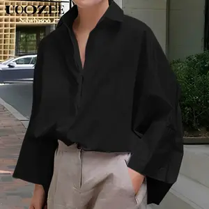 UOOZEE Women's Long Sleeves Loose Solid Color Lapel Collar Blouses&Shirts Tops