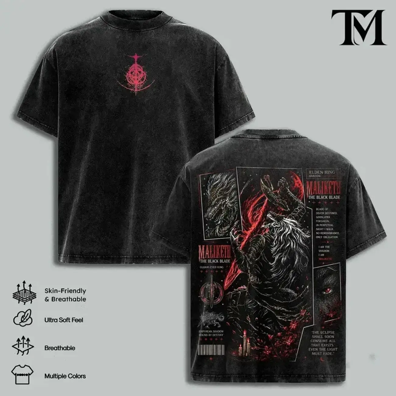 Men's 5-Design Elden Ring Vintage Washed Oversized Short-Sleeve Classic T-Shirt - Ranni, Malenia, Radahn, Maliketh Dark Fantasy Graphic Menswear Tops Apparel, Heavyweight Cotton FromSoftware Soulslike RPG Streetwear Gamer Merch Gift for Fans SAL