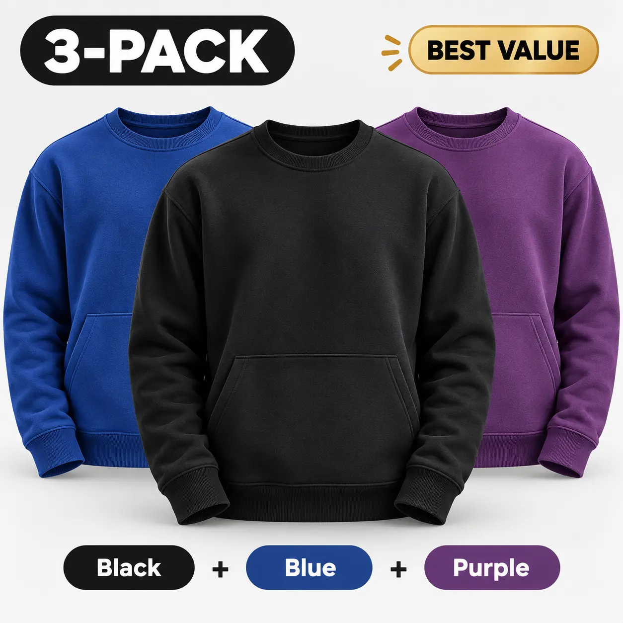 MEGA T SHOP 3-Pack Heavyweight Crewneck Sweatshirts with Pocket, 350 GSM Fleece Cotton Blend, Soft Warm Pullover Tops, Unisex XS-4XL
