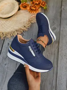 Women's Thick Sole Sports Shoes, Lace-Up & Side Zip Design, Sporty Style, Comfortable Walking Shoes, Plus Size Available, Stylish Walking Shoes