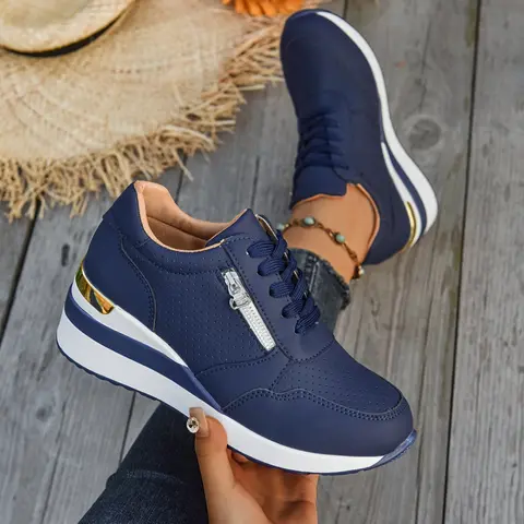 Women's Thick Sole Sports Shoes, Lace-Up & Side Zip Design, Sporty Style, Comfortable Walking Shoes, Plus Size Available, Polyurethane Sole, Thick Sole Sneaker, Lace Up Sneakers, Thick Soled Sneakers