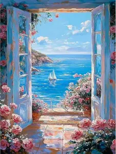 Romantic Rose Window Diamond Art - Coastal Seaview & Sailboat Design, Full Round Drill Rhinestone Painting, Relaxing DIY Craft