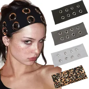 AWAYTR Women Hollow Out Metal Eyelets Elastic Headband Y2k Punk Girls Rock Stretchy Wide Hairbands Headwear Hair Accessories