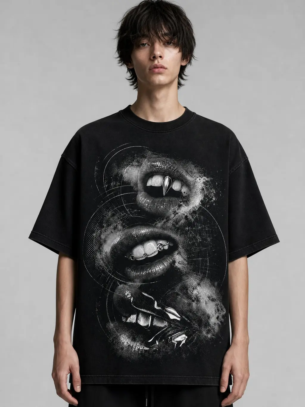 Unisex Oversized Graphic T-Shirt, Gothic Mouth Print Streetwear