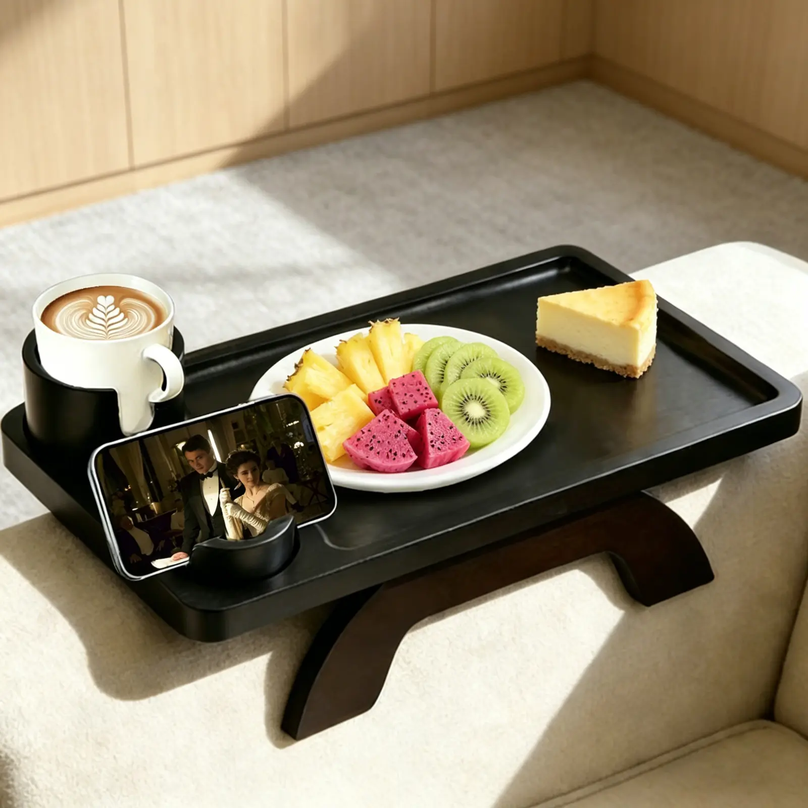 Acacia Wood Spring-Loaded Sofa Armrest  - 3-in-1 Rectangle Clip-On Tray Home Accessory, Clip-On Fit, Stable Surface, Cup Holder, 360° Rotatable Phone Holder, Thoughtful Gift for Snacking, TV Watching, coffee table set