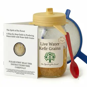 The Spirit of the Forest - Premium Water Kefir Starter Kit: Includes Half Cup of Fresh LIVE Water Kefir Grains, 12oz Mason Jar, Fermentation Lid, Plastic Strainer & Spoon | Complete Step-by-Step Production Guide | Healthy Probiotic Soda Fermentation Set