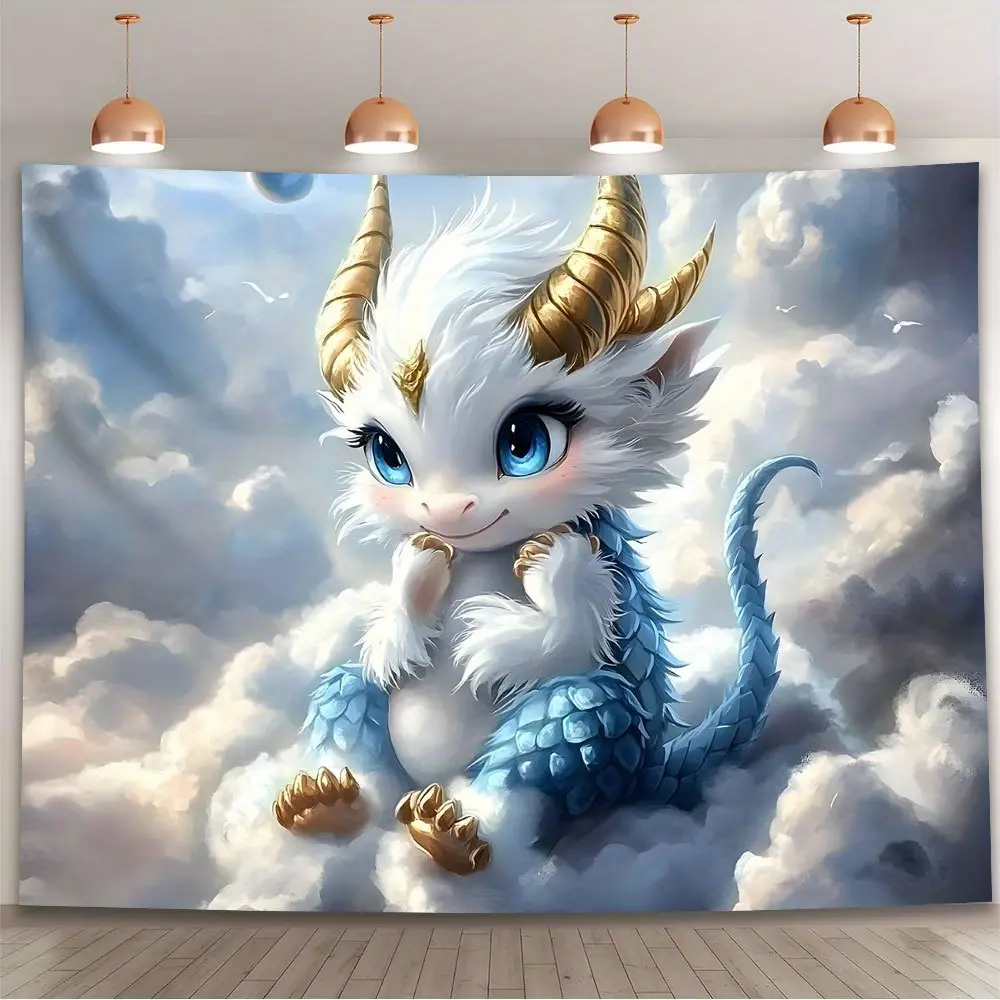 1PC Reusable Soft Dragon Backdrop, Blue & White Fur with Cloud Print & Dragon Motif, Durable Polyester, Ideal for Birthdays & Weddings