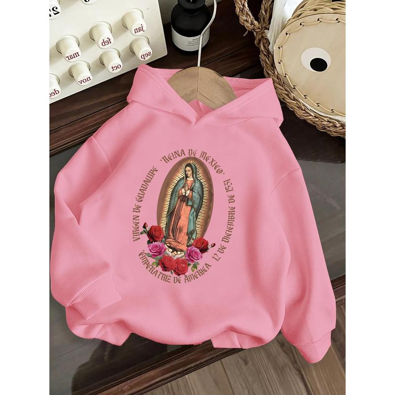 Girls' Mexican Virgin of Guadalupe Hooded Sweatshirt Vibrant Pink Religious Apparel Cozy Fall Winter Pullover for Catholic Girls Soft 100% Cotton Fabric Machine Washable