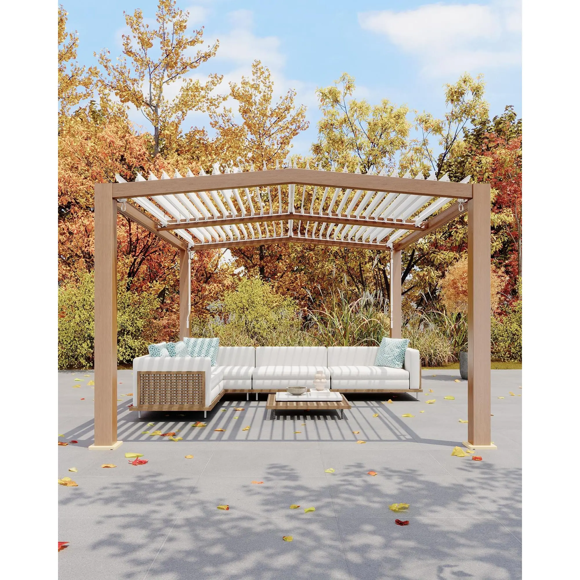 11x13 FT Louvered Pergola, Modern Style Outdoor Pergola with Adjustable Louvered Roof, Reinforced Aluminum Frame, Integrated Drainage System, Hardtop Gazebo for Patio, Deck, Wood Grain
