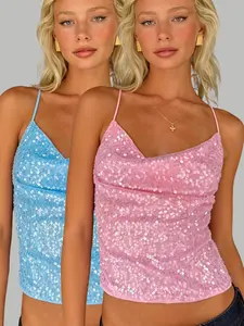 Women's Shiny Punk Style Two-Piece Set, Backless Thin Strap Sequin Cropped Top