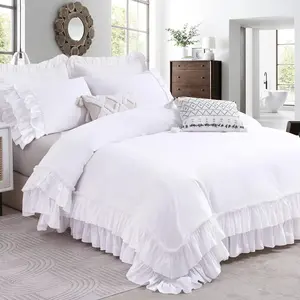Ruffle White Queen Size Duvet Cover - Washed Cotton Shabby Farmhouse Ruffled Bedding Comforter Cover 3 pcs Aesthetic French Country Extra Soft and Breathable Cotton