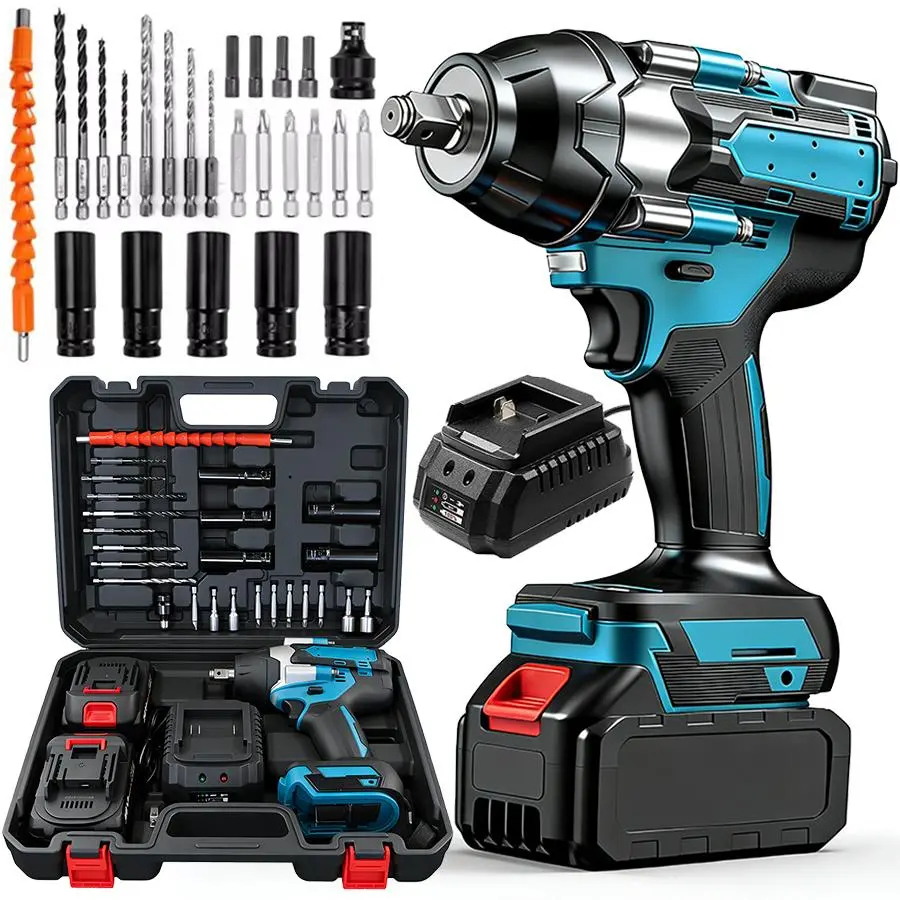 750N.m  Cordless impact Electric Wrenches, All-Metal Electric Wrenches with 2 * 3.0Mah, 3-IN-1 Electric impact Wrench with 5 Sleeves, High Torque 1/2 Electric Wrenches fathersdaygift