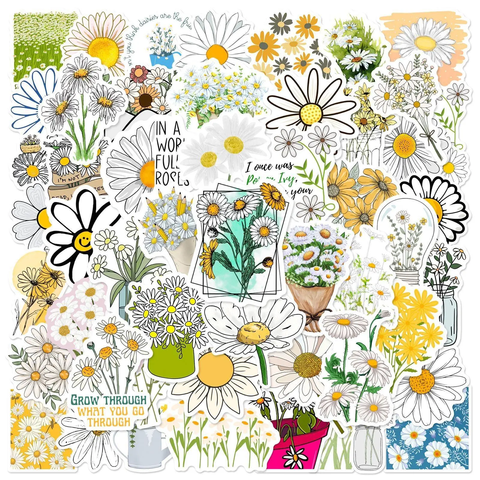 Daisy Pattern Sticker, Self Adhesive Decorative Stickers, DIY Decals for Water Bottle, Laptop, Cellphone, Phone Case, Scrapbooking, Journal Making, Protective, Accessories