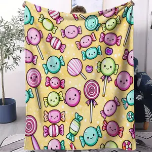 Hand-Painted Cute Candy Party Fleece Blanket, Macaron Smile Print for Kids Room, Soft Skin-Friendly All-Season Blanket