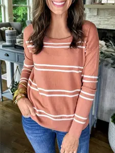 Autumn Winter New Vintage Style Fitted Striped Knit Sweater, Classic Colors Show Gentle Casual Texture, Women's Fashion Pullover